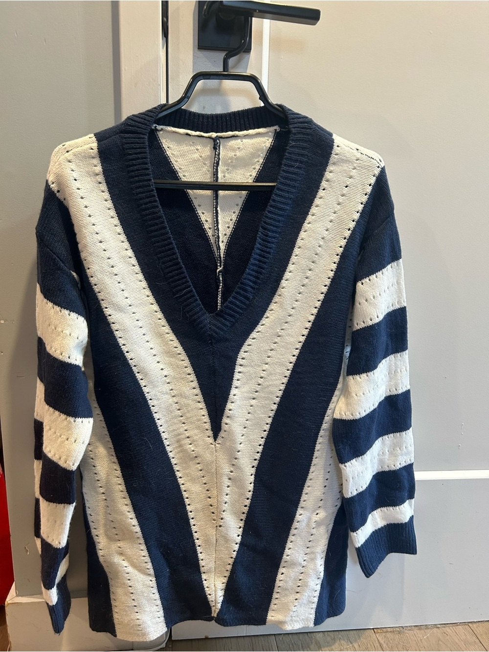 Navy & White V‑Neck Striped Sweater